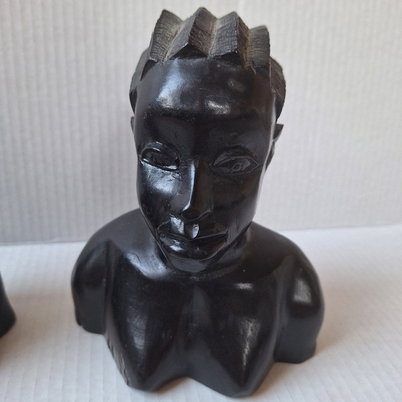 Antique Set of 2 Hand Carved Ebony Wood African Tribal Bust - Picture 2 of 12